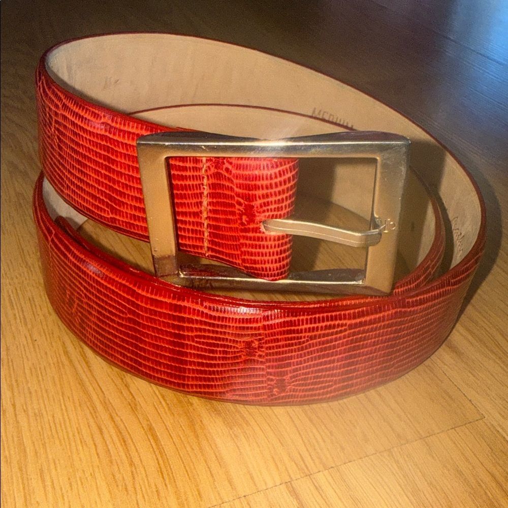 Vintage Calvin Klein Red Lizard Grain Leather Belt Silver Buckle Medium - Picture 2 of 8
